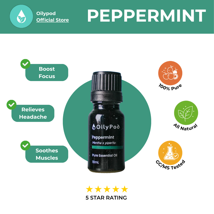 OilyPod Peppermint Essential Oil 10ml - 100% Pure & Natural, Cooling & Invigorating